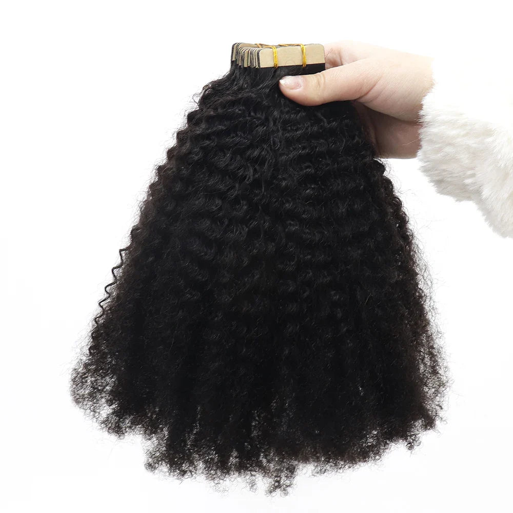 3B 3C Mongolian Afro Kinky Curly Tape in Human Hair Extensions for Black Women Tape Ins Natural Black Virgin Hair