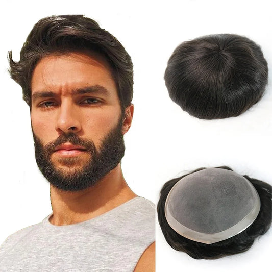 Men's Toupee 100% India Human Hair Fine Mono with NPU Perimeter Natural Hairline Hair Replacement