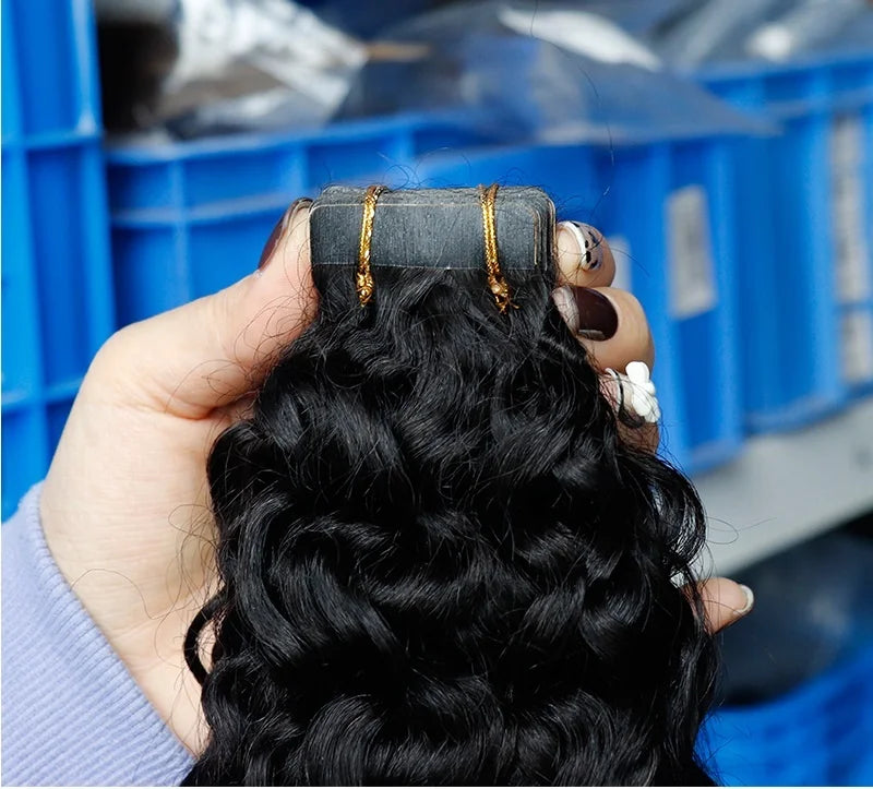 Deep Curly Bundles Tape in Human Hair Extensions Natural Black for Women Girls Curly Human Hair Extension Tape Ins Shoumei Hair