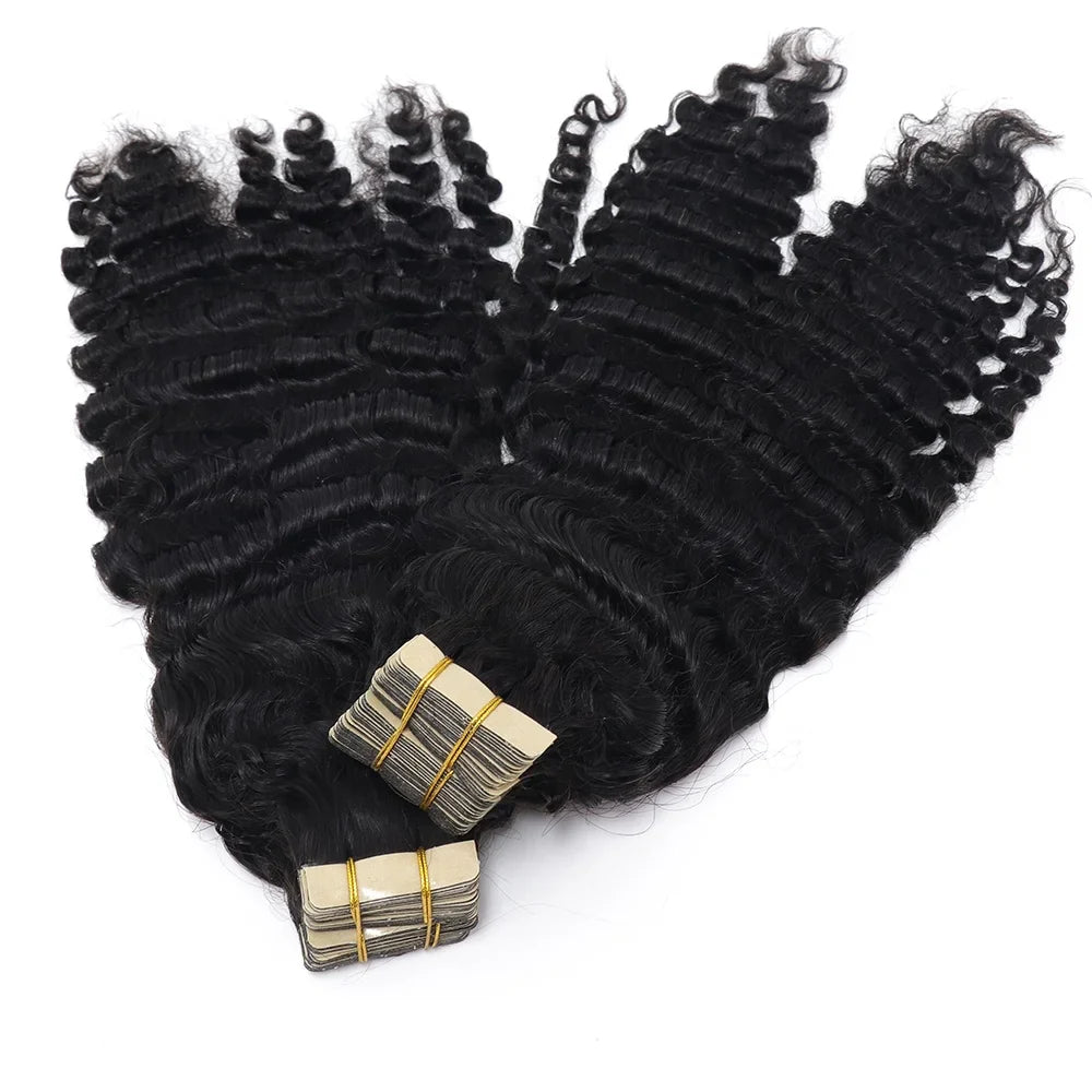 3B 3C Mongolian Afro Kinky Curly Tape in Human Hair Extensions for Black Women Tape Ins Natural Black Virgin Hair