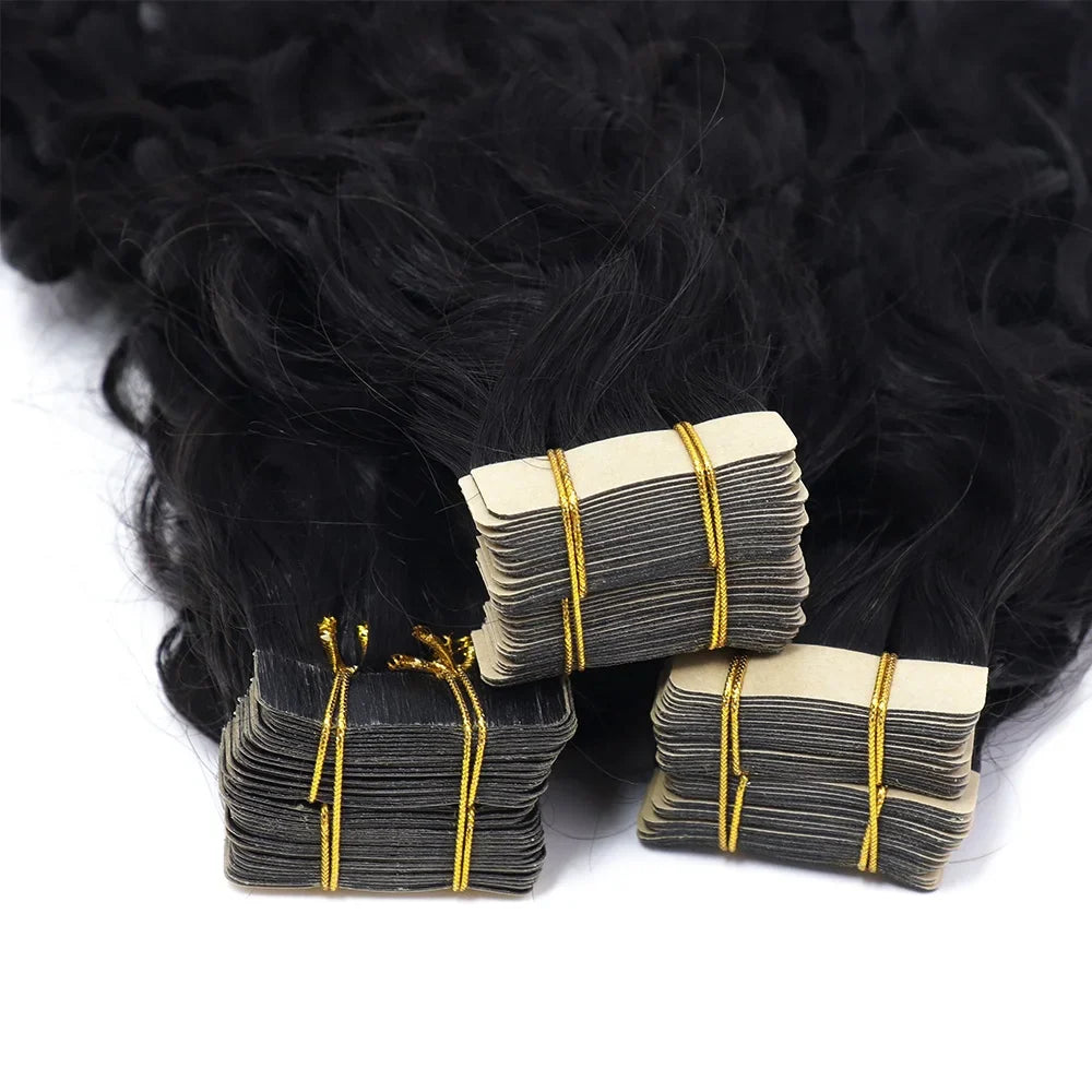 3B 3C Mongolian Afro Kinky Curly Tape in Human Hair Extensions for Black Women Tape Ins Natural Black Virgin Hair