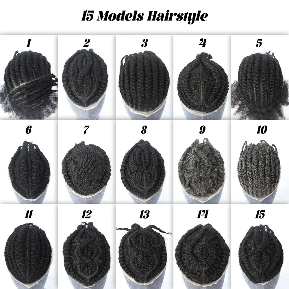 High Quality 1000% Human Virgin Hair Toupee for Afro Black Men Full Lace Afro Cornrow Braids Toupee