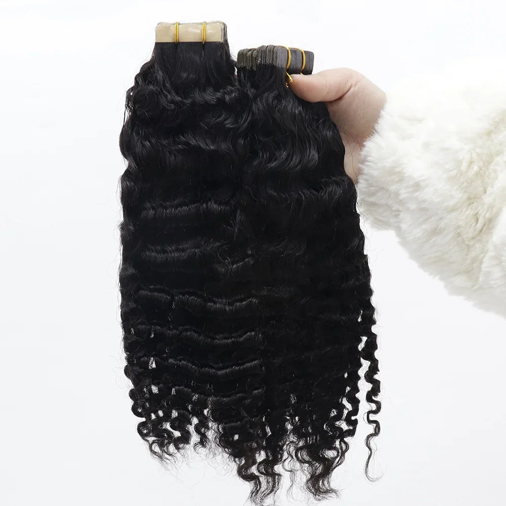 3B 3C Mongolian Afro Kinky Curly Tape in Human Hair Extensions for Black Women Tape Ins Natural Black Virgin Hair