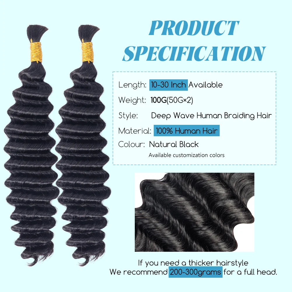 Deep Wave Human Bulk Extensions  No Weft Bulk 100% Unprocessed Indian Curly Remy Bulk Human Hair for Braiding
