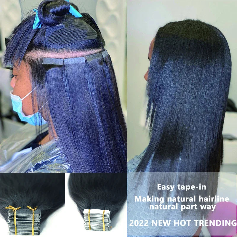 Light Yaki Straight Tape in Human Hair Extensions Black Women Brazilian Tape in Coarse Yaki Microlink Microloop Hair Extensions