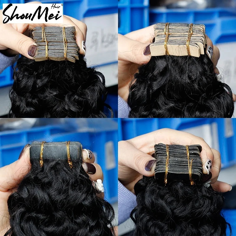 Deep Curly Bundles Tape in Human Hair Extensions Natural Black for Women Girls Curly Human Hair Extension Tape Ins Shoumei Hair