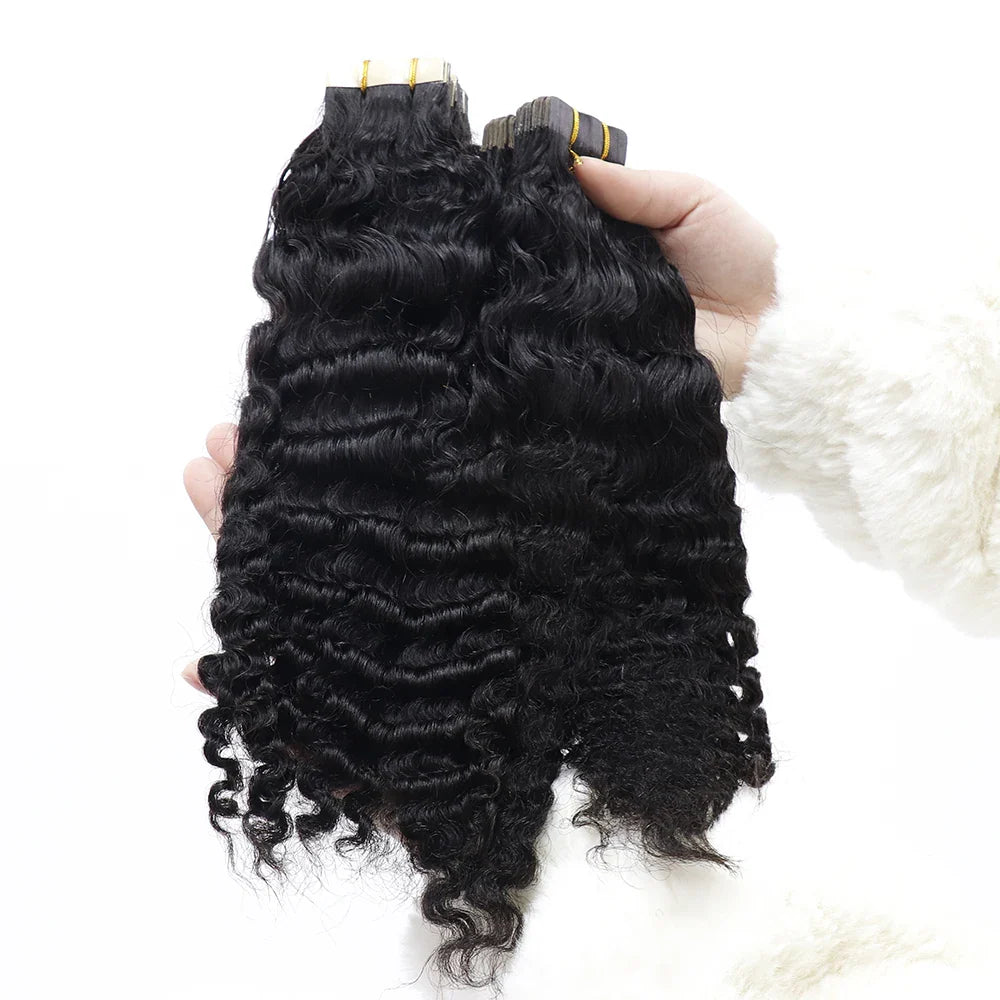 3B 3C Mongolian Afro Kinky Curly Tape in Human Hair Extensions for Black Women Tape Ins Natural Black Virgin Hair