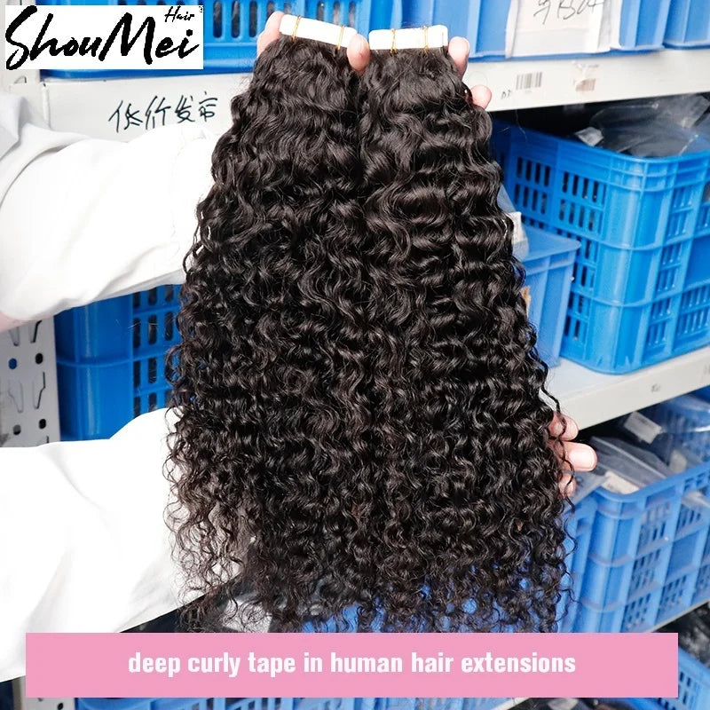 Deep Curly Bundles Tape in Human Hair Extensions Natural Black for Women Girls Curly Human Hair Extension Tape Ins Shoumei Hair