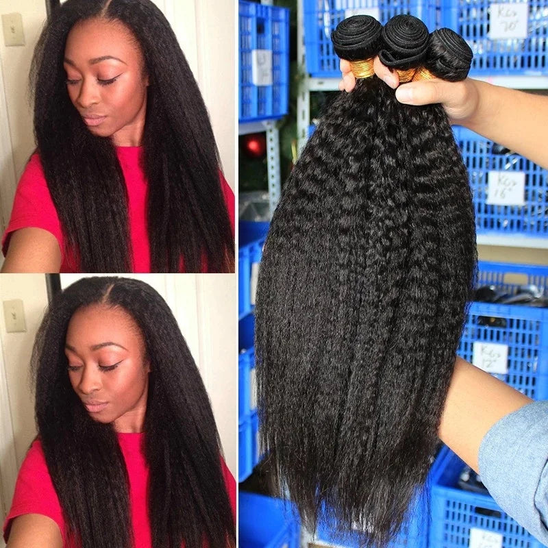Double Drawn Yaki Straight Hair Extension Brazilian Virgin Hair Natural Color Kinky Straight Hair Bundles