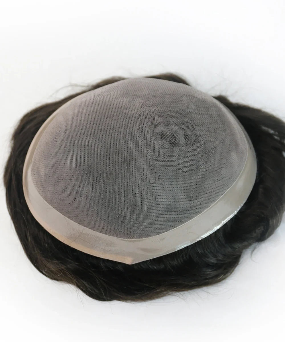 Men's Toupee 100% India Human Hair Fine Mono with NPU Perimeter Natural Hairline Hair Replacement