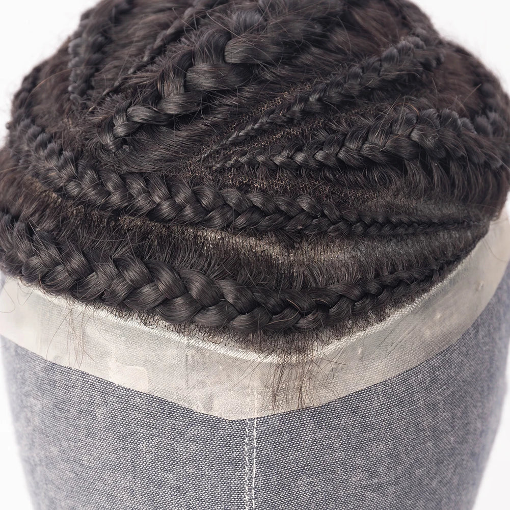 High Quality 1000% Human Virgin Hair Toupee for Afro Black Men Full Lace Afro Cornrow Braids Toupee