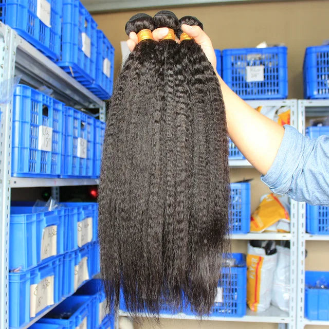 Double Drawn Yaki Straight Hair Extension Brazilian Virgin Hair Natural Color Kinky Straight Hair Bundles