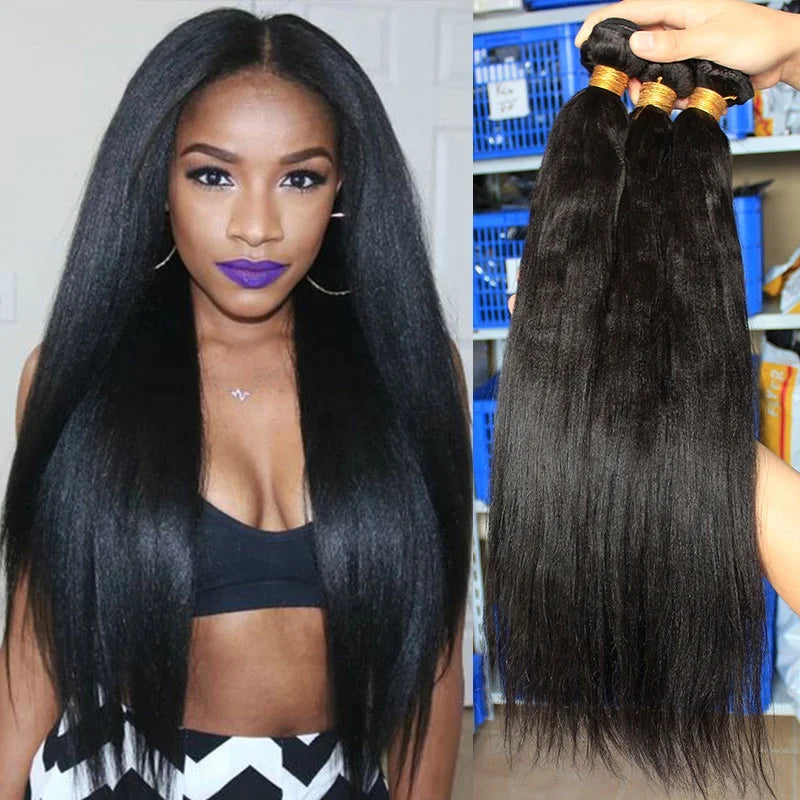 Double Drawn Yaki Straight Hair Extension Brazilian Virgin Hair Natural Color Kinky Straight Hair Bundles
